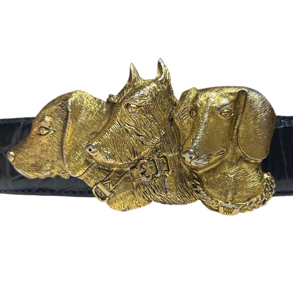 Worth New York Gold‎ Dog Buckle Black Croc Embossed Leather Belt  Size P 29"-33"